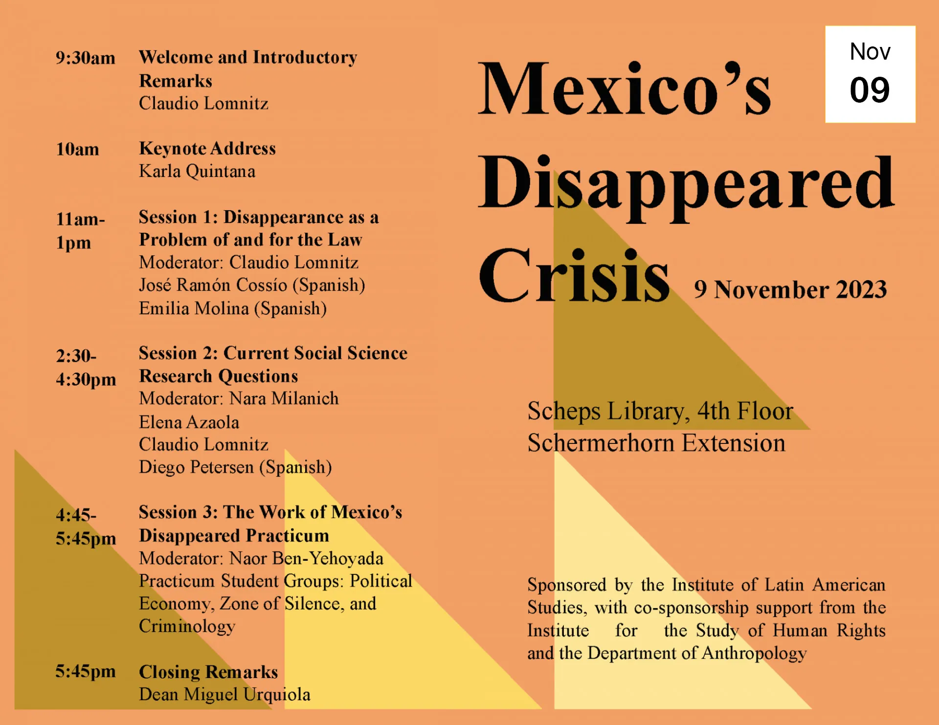 Poster of the "Mexico's Disappeared Crisis" conference on November 9