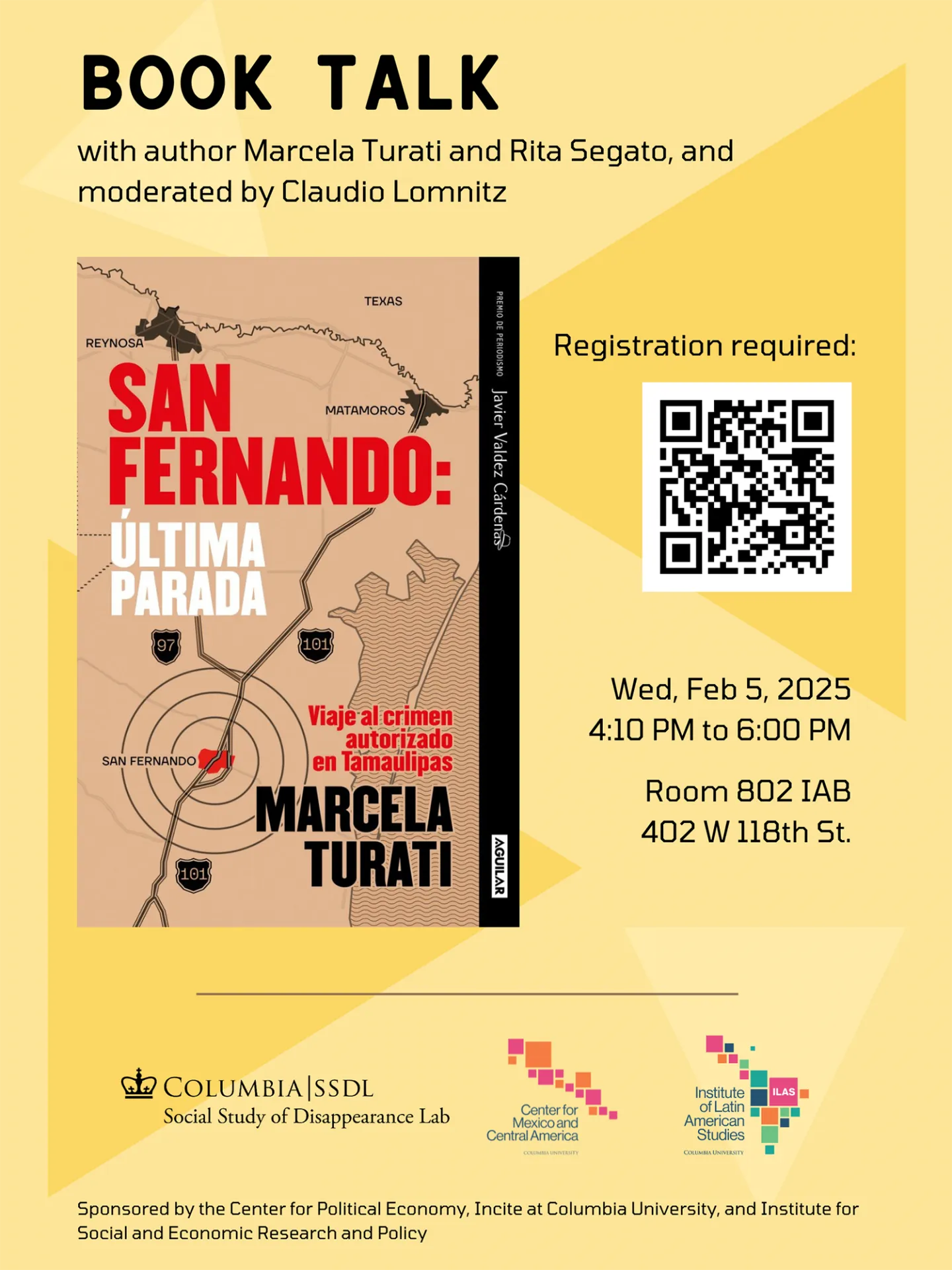 Poster for book talk on San Fernando: Última Parada with author Marcela Turati and Rita Segato and moderated by Claudio Lomnitz