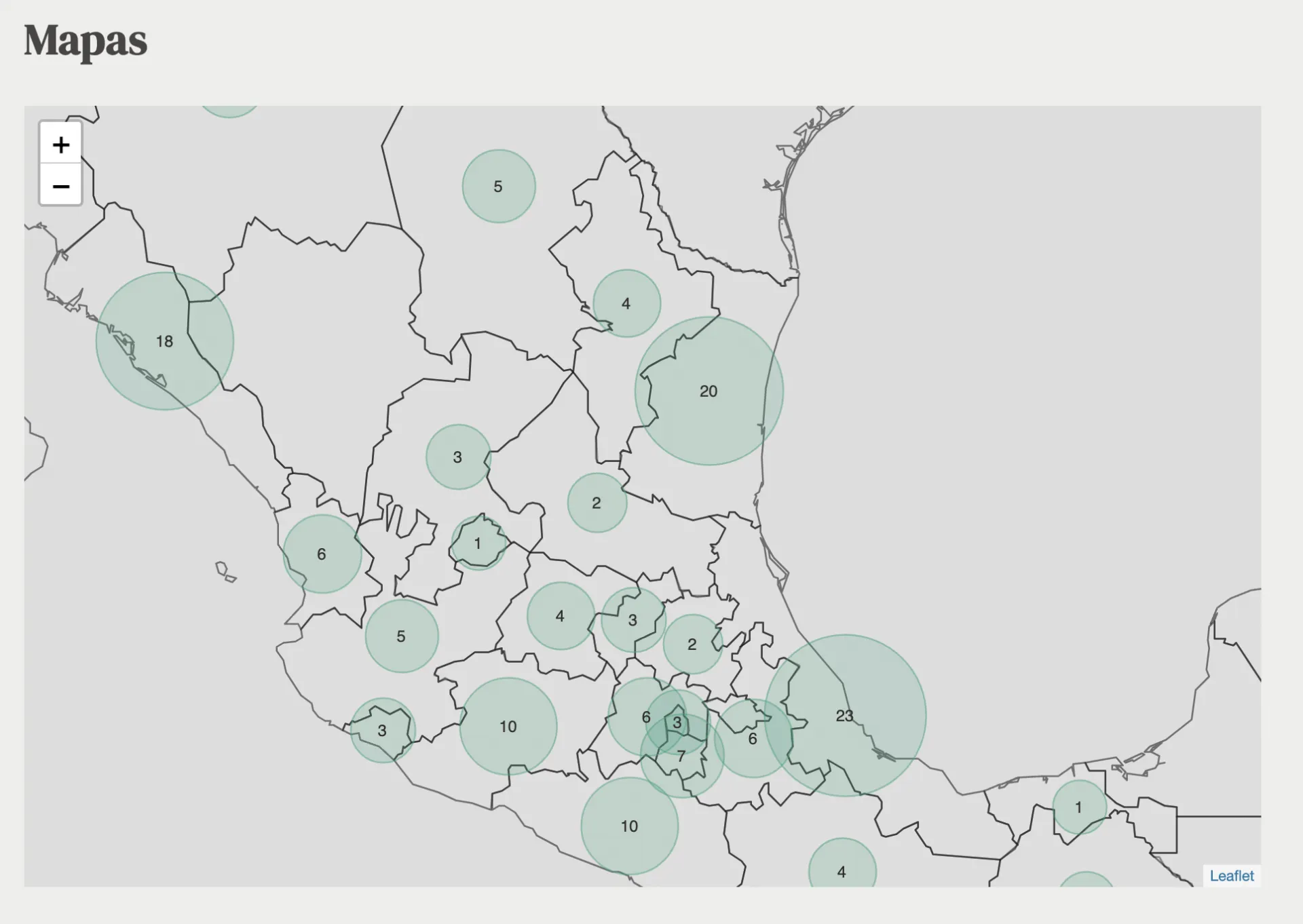 A map that shows the distribution of collectives across Mexico. This data visualization can be found on the No están solas. website. 